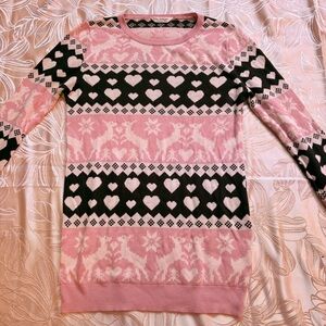 Vintage Pink and Black Heart-Pattern Women's Sweater - Size 2 (Small)